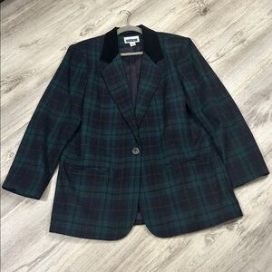Prophecy Vintage Wool Blend Plaid Blazer Green Black Watch Tartan Velvet Collar
